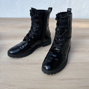 H&M Faux Patent Leather Lace Up & Zip Up Black Combat Boots Size 8 / 90s Grunge